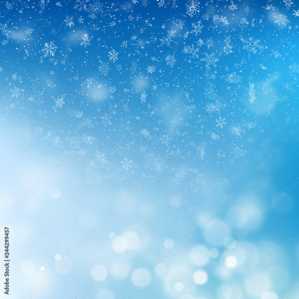 Blue Christmas background with snowflakes and blurry lights. EPS 10