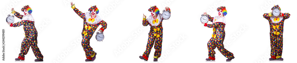 Funny male clown with alarm-clock Funny male clown with alarm-clock