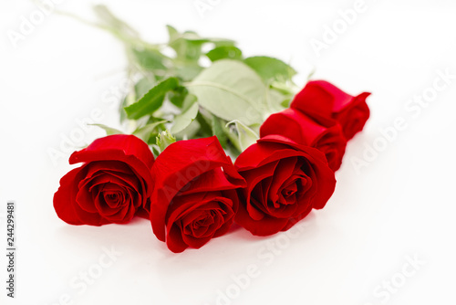 Bouquet of red  roses with a red ribbon. Eights march woman s day  holiday. Flowers on a white background copespace. Horizontal top view