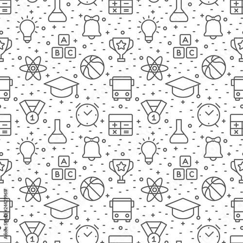 Education and science seamless pattern with icons in thin line style