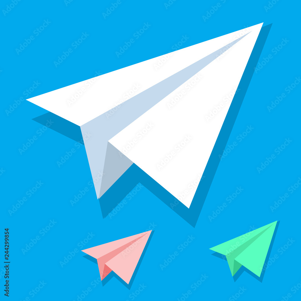 Handmade white paper plane vector icon set in isometric flat style isolated on blue background. Origami white orange and green airplane collection. Eps10 Handmade white paper plane vector icon set in isometric flat style isolated on blue background. Origami white orange and green airplane collection. Eps10