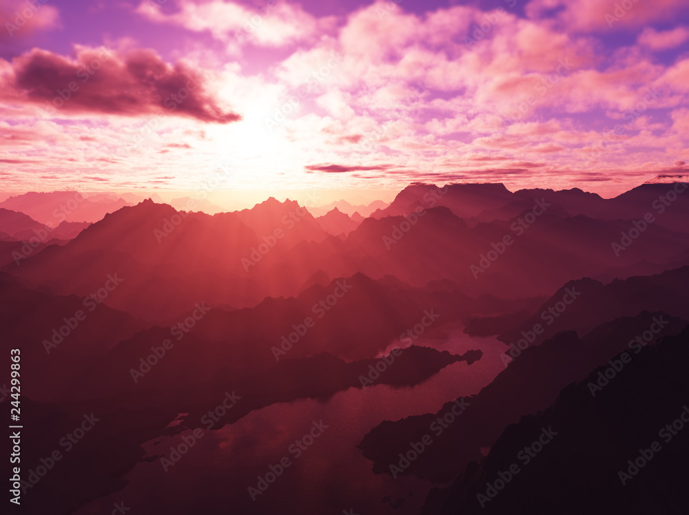 Burning pink sunset at mountains peaks 3d rendering design background