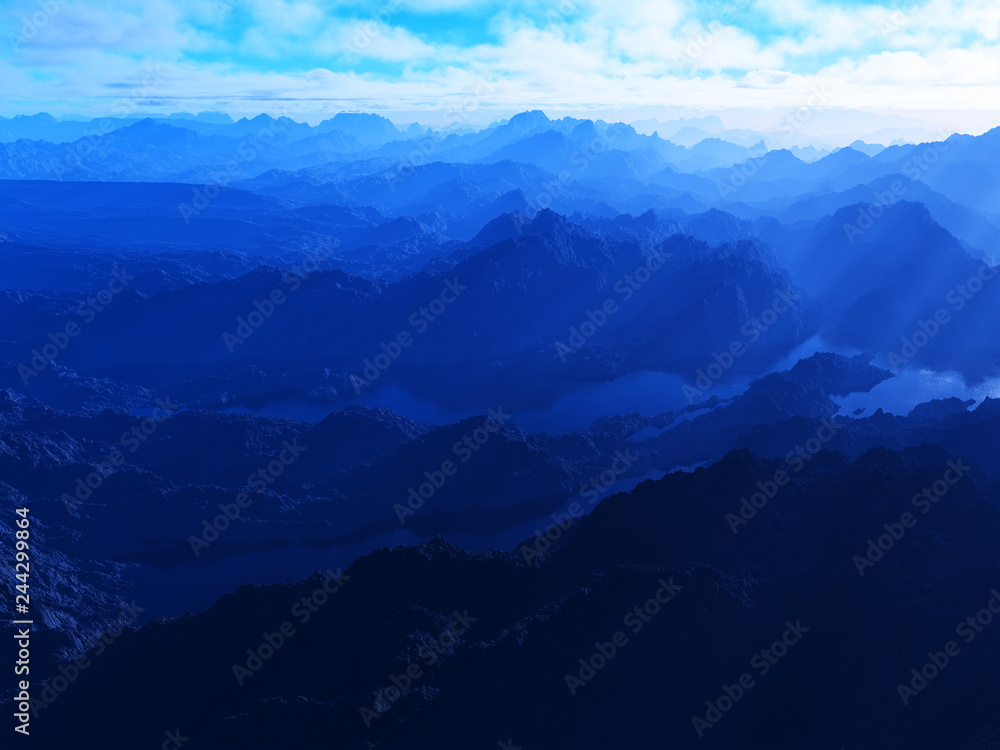 Daylight at mountains river valley 3d rendering design background