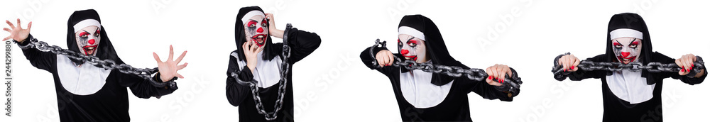Weird female nun with shackles isolated on white Weird female nun with shackles isolated on white