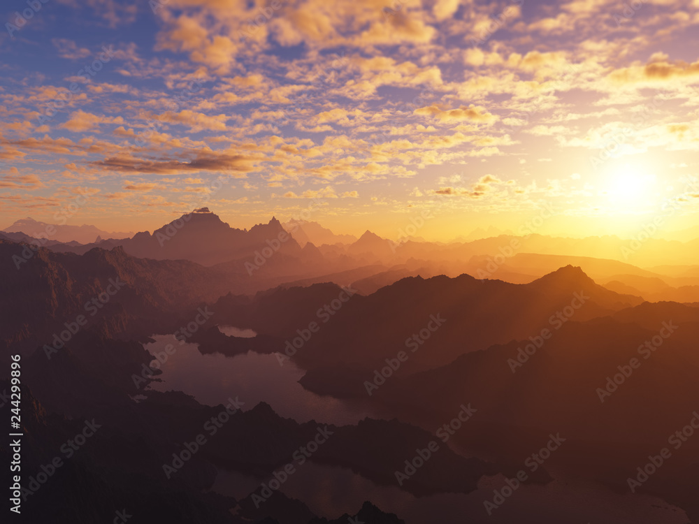 Dramatic burning sunset at mountains 3d rendering design background