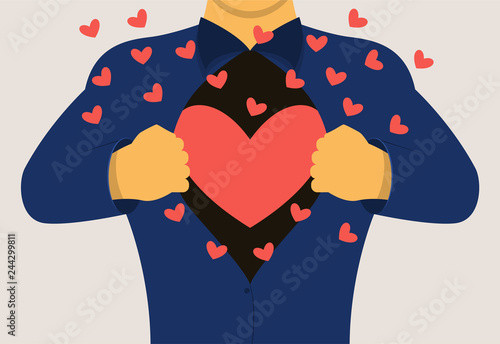 A man opens his chest showing a loving heart. Vector illustration.