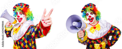 Funny male clown with megaphone