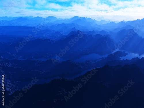 Daylight at mountains river valley 3d rendering design background