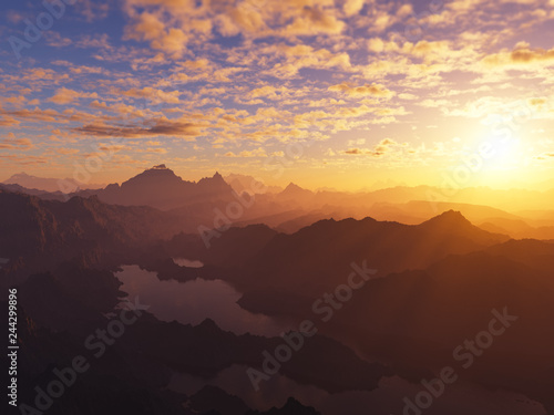 Dramatic burning sunset at mountains 3d rendering design background © spacedrone808