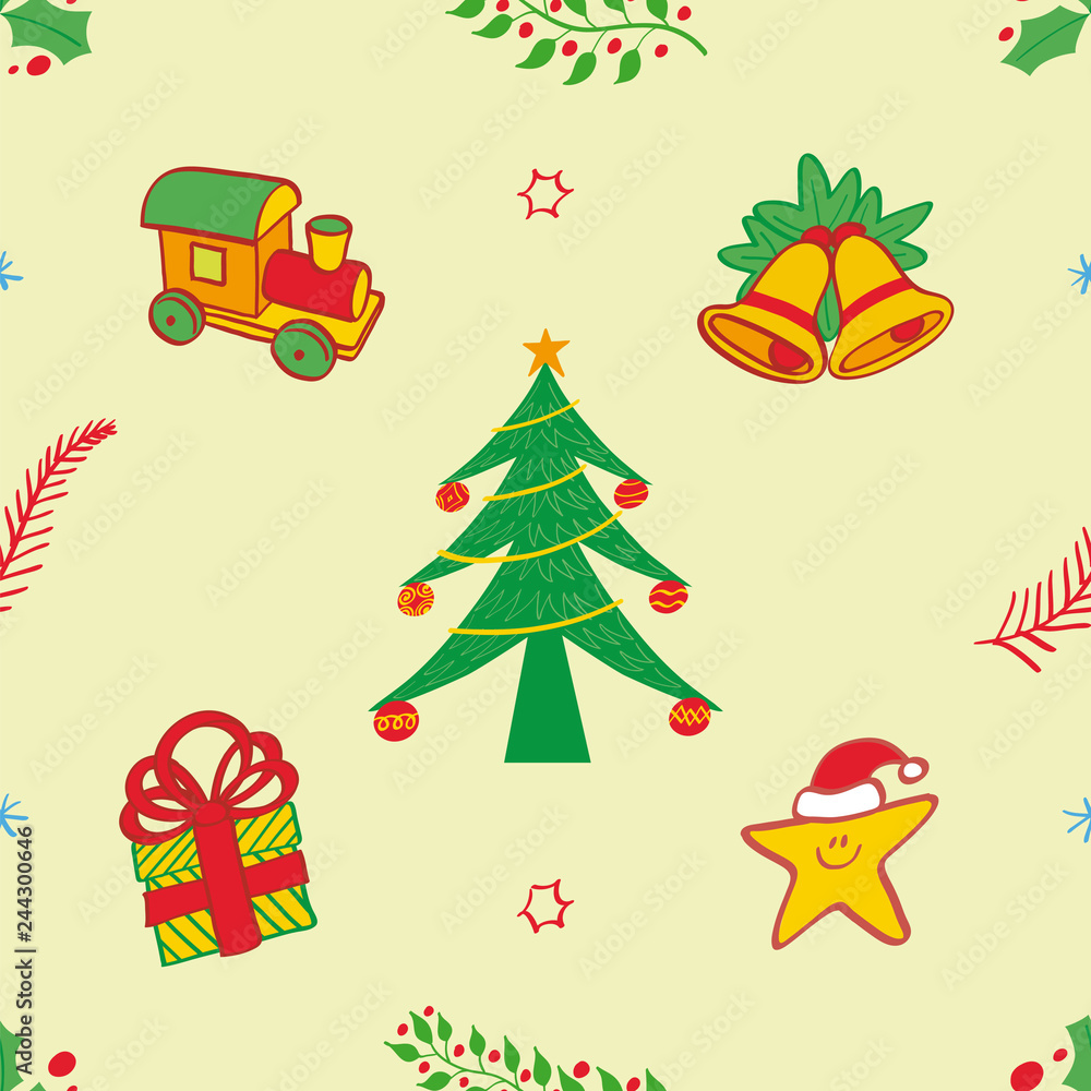 Christmas pattern depicting a toy train, bells, a Christmas tree with baubles, a Xmas present and a smiling star wearing Santa hat. Evergreen hollies, red berries and branches complete the pattern Christmas pattern depicting a toy train, bells, a Christmas tree with baubles, a Xmas present and a smiling star wearing Santa hat. Evergreen hollies, red berries and branches complete the pattern