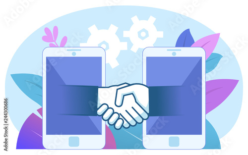 Online, distant deal, business agreement. Hands come out of smartphone, handshake. Poster for web page, banner, social media, presentation. Flat design vector illustration