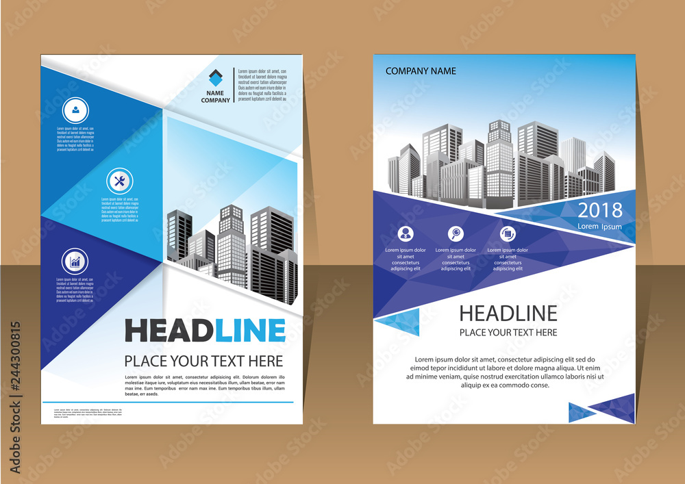 Brochure template layout, cover design annual report, magazine, flyer or booklet in A4 with blue geometric shapes on polygonal background Brochure template layout, cover design annual report, magazine, flyer or booklet in A4 with blue geometric shapes on polygonal background
