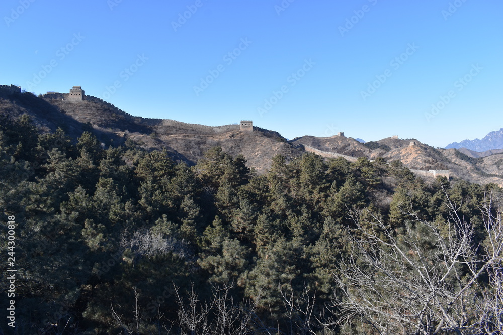 Panorama of the Great Wall in Jinshanling in winter with green trees in front near Beijing in China Panorama of the Great Wall in Jinshanling in winter with green trees in front near Beijing in China