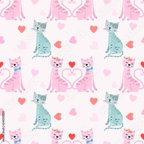 Valentines cat with heart shape seamless pattern.