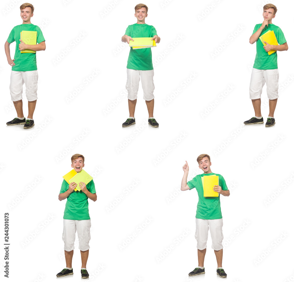 Fototapeta premium Young student with notes isolated on white