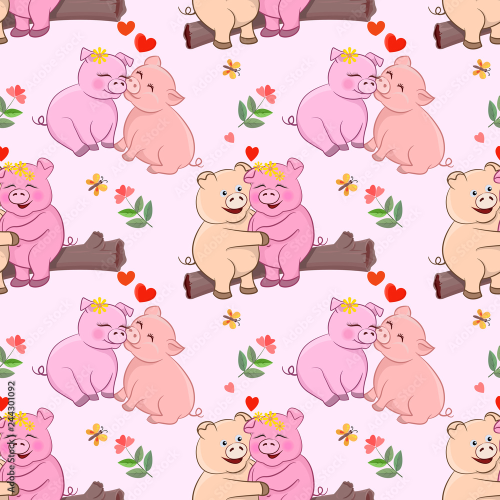 Cute lovers pigs with flowers and heart shape seamless pattern. Cute lovers pigs with flowers and heart shape seamless pattern.
