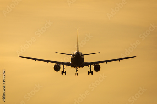 Silhouette of air plane landing at sunset