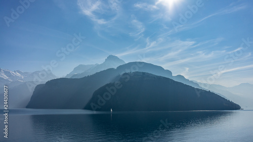 Switzerland, panorama view on Lucerne lake and Alps from Brunnen