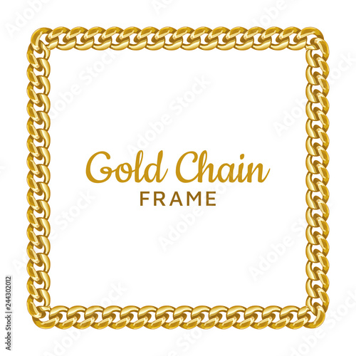 Golden chain square border frame. Rectangle wreath shape. Gold jewelry design.