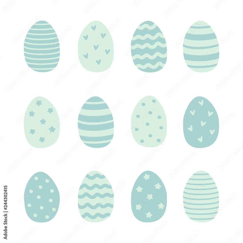Set of Easter eggs. Stripes, waves, dots, hearts, stars. Perfect for holiday greetings. Vector illustration. Set of Easter eggs. Stripes, waves, dots, hearts, stars. Perfect for holiday greetings. Vector illustration.