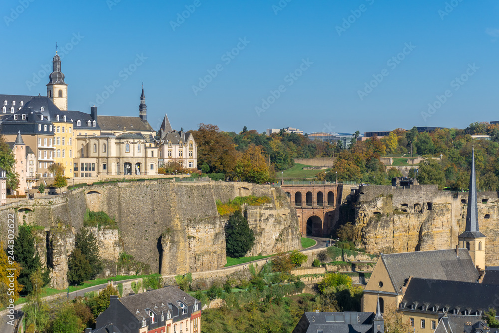 Panoramic aerial view of Luxembourg city - Old Town with defense wall