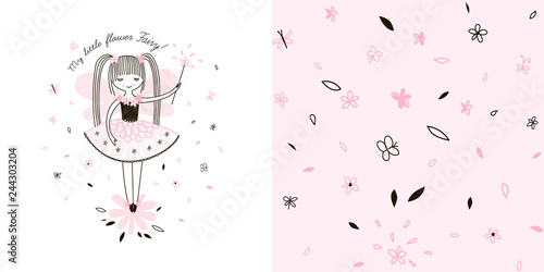 Girlish Fairy themed graphic set with Little cute cartoon Fairy girl illustration and seamless small scaled floral pattern. Doodle linear drawing. Pink colour. Perfect for baby girl fabric, textile