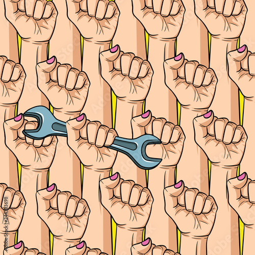 Color vector seamless pattern. Women's rights, female power, discrimination. Female hand with spanner in hand.