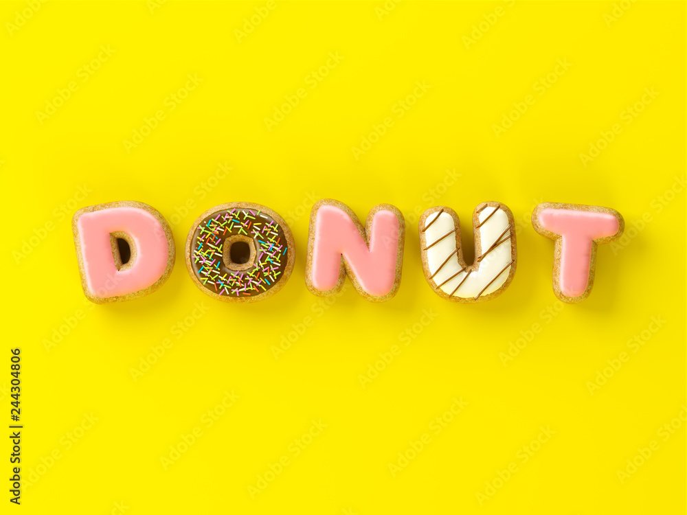 Fototapeta premium Delicious donuts with shape of letters glaze on yellow background 3D illustration