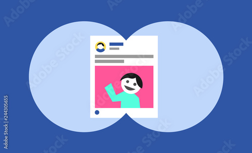 Stalking on the social media and social networking site - victim's post and image on the internet is followed by voyeurist follower and pursuer. Vector illustration
