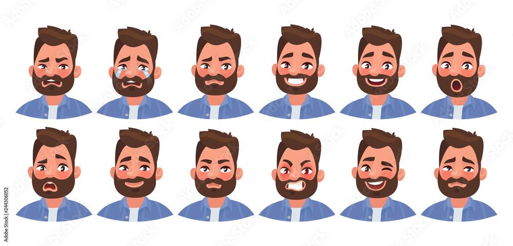Set of different emotions male character. Handsome man emoji with various facial expressions Set of different emotions male character. Handsome man emoji with various facial expressions