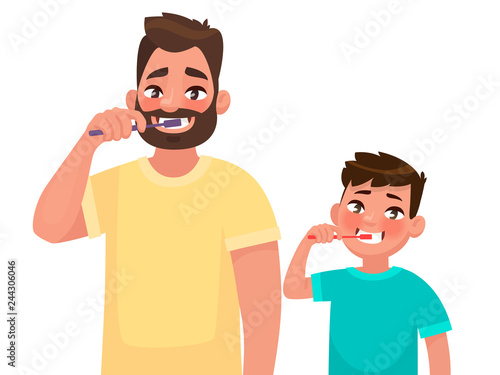 Father and son brush their teeth with toothpaste. Mouth Hygiene. Vector illustration