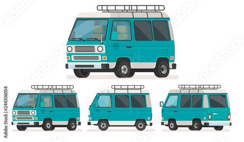 Set of views of minivan for travel. Trip van. Vector illustration