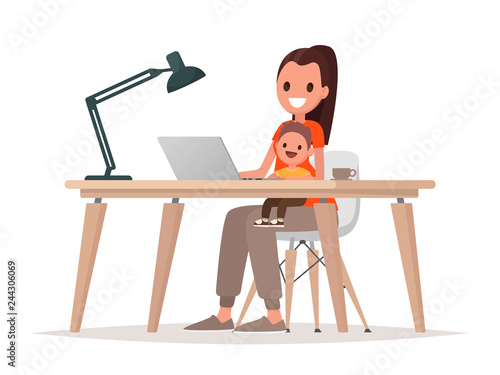 Young mother sits with a baby and works at a laptop. Mother freelancer, remote work at home and raising a child