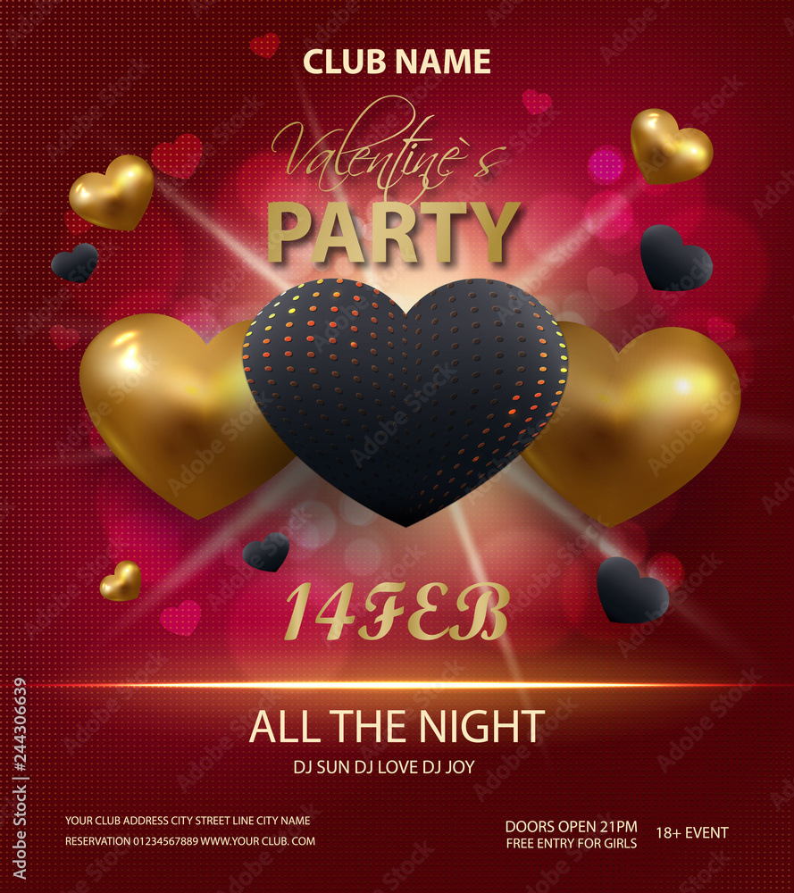 Happy Valentines Day party poster template design. Golden and black 3d ...