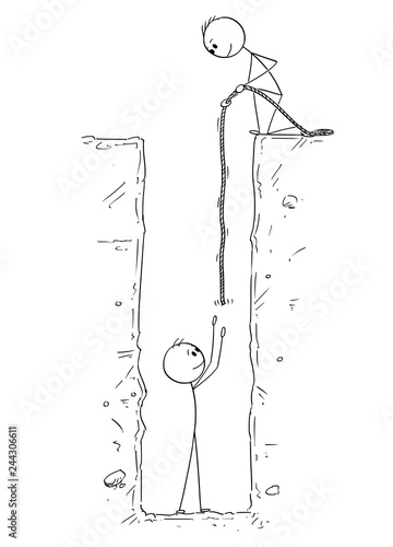Cartoon stick drawing conceptual illustration of man or businessman who fall and is trapped in deep hole and saved by rope by another man or friend .