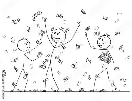 Cartoon stick drawing conceptual illustration of group of men or businessmen celebrating and collecting money or banknotes rain falling from sky. Metaphor of financial success.