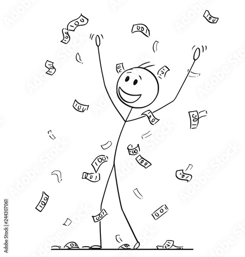 Cartoon stick drawing conceptual illustration of man or businessman celebrating and collecting money or banknotes rain falling from sky. Metaphor of financial success.
