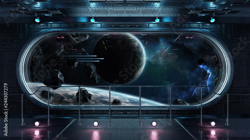 Fototapeta Naklejka Na Ścianę i Meble -  Black tech spaceship round window interior background 3D rendering