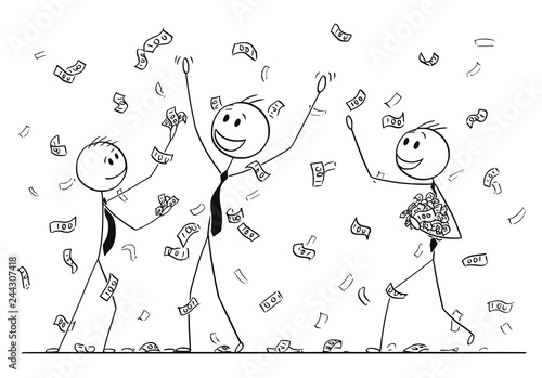 Cartoon stick drawing conceptual illustration of group of businessmen celebrating and collecting money or banknotes rain falling from sky. Metaphor of financial success.