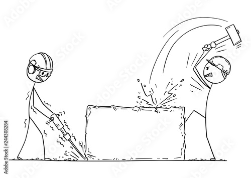 Cartoon stick drawing conceptual illustration of two workers, workmen or labourers working with hammer drill on big pice of rock or stone. Can work as sign for your text.