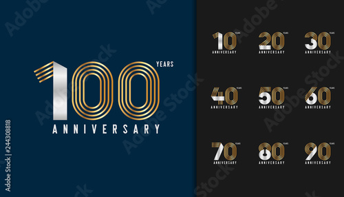 Set of anniversary logotype. Golden and silver anniversary celebration emblem design for company profile, booklet, leaflet, magazine, brochure poster, web, invitation or greeting card.