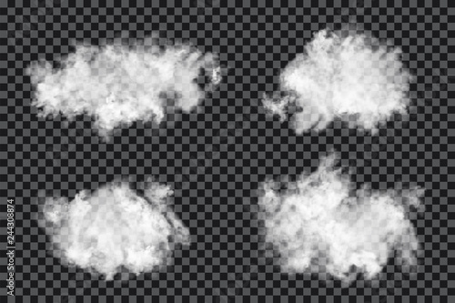 Vector clouds on transparent background. Realistic fluffy clouds with smoky texture
