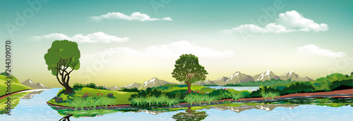 Panoramic landscape - metropolis, lake, river. The town on the island.The island in the lake.