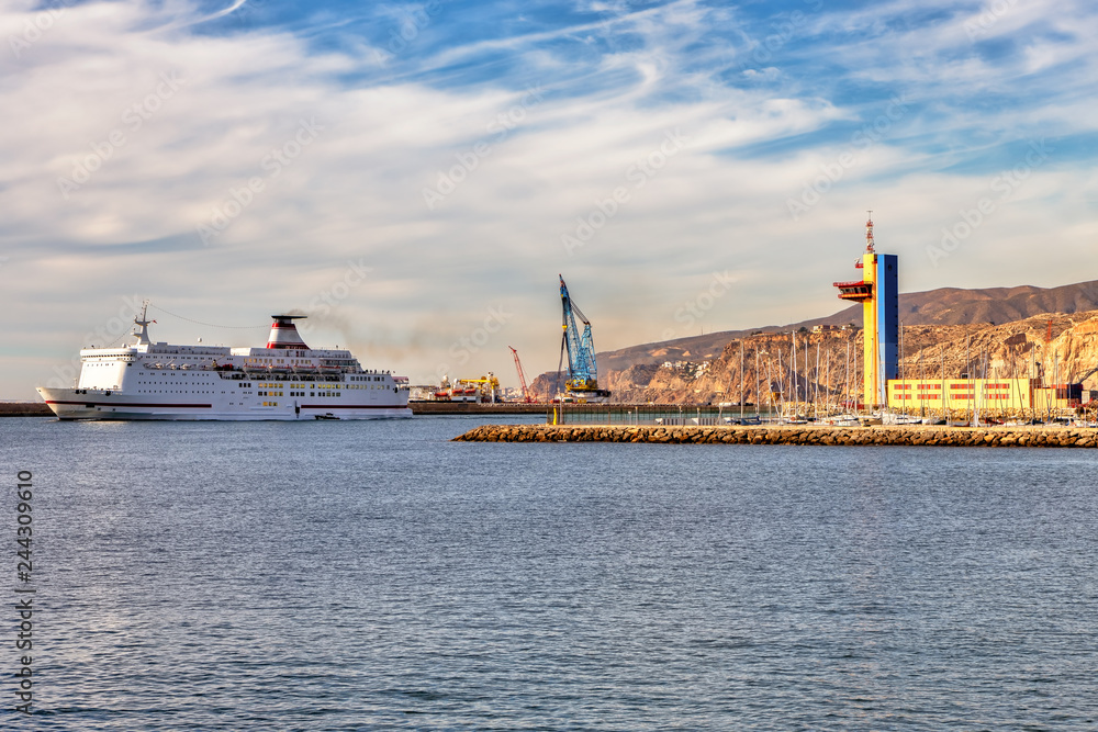 Ferry boat departing from Mediterranean city. Ferry boat departing from Mediterranean city.