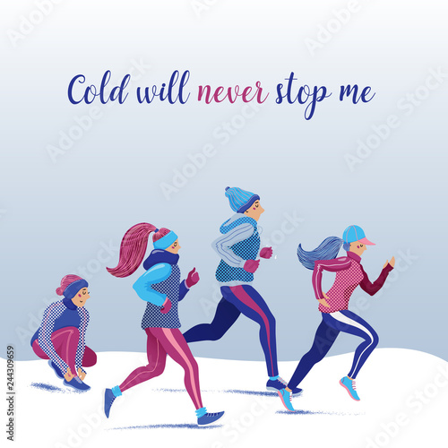 Group of people, man and woman running, jogging in winter park, flat cartoon vector illustration, banner template design. Young people dressed in warm clothes, running, jogging, training in winter
