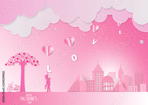 Valentine day ,Concept sweetheart beside the bicycle and tree on pink background. Paper art style vector illustration.Abstract Vector Town.