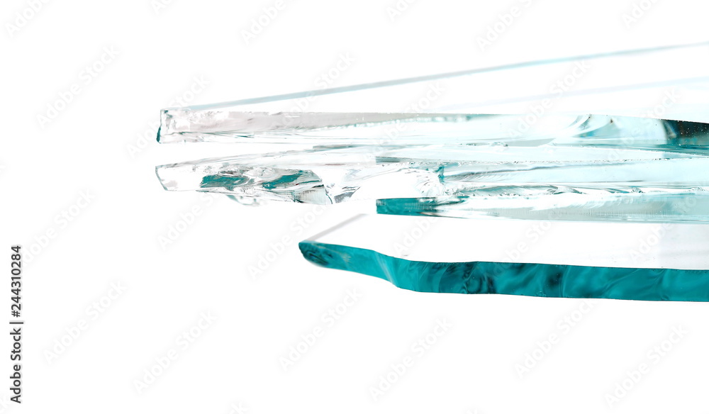  Broken blade glass texture and background, isolated on white, cracked window effect, clipping path and macro  