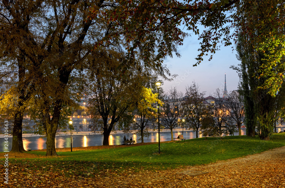 Turin Parco del Valentino and River Po with view of Mole Antonelliana