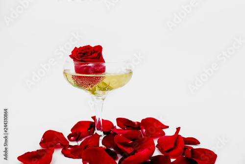 Woman's day holiday 8 march wallpaper. Background, copyspace. Horizontal top view. Red rose and shampagne glass. photo