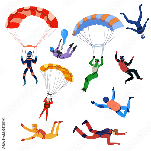 Set of parachutists involved in dangerous sports making jumps in the sky with a parachute. Extreme sport.